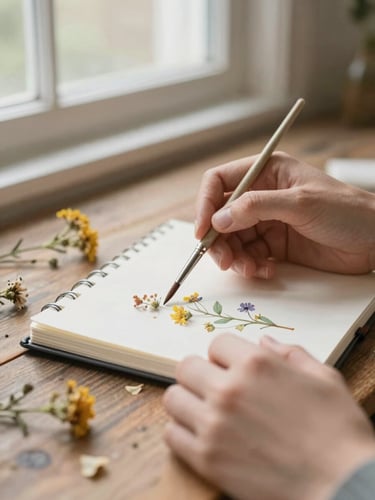 Soft-focus close-up of hands holding a fine paintbrush over a watercolor sketchbook, dried wildflowers scattered on a rustic wooden table, warm morning window light