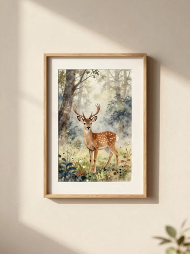 A framed watercolor painting of a tiny deer in a misty forest hanging on a warm cream wall, soft morning sunbeams casting long shadows