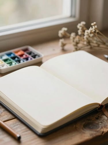 Close-up of watercolor paints and open sketchbook on a rustic wooden table surrounded by dried wildflowers, soft morning window light, warm editorial photography
