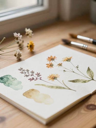 A close-up of watercolor textures and dried wildflowers scattered next to paintbrushes on a warm wooden table, soft morning window light, shallow depth of field, 35mm