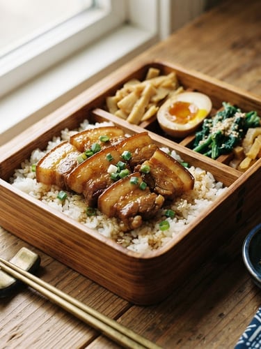 Warm close-up of a premium Taiwanese-Japanese bento box with glistening golden-ratio braised pork belly, fresh steamed rice, soft window light casting gentle shadows on warm Hinoki wood, 35mm photography