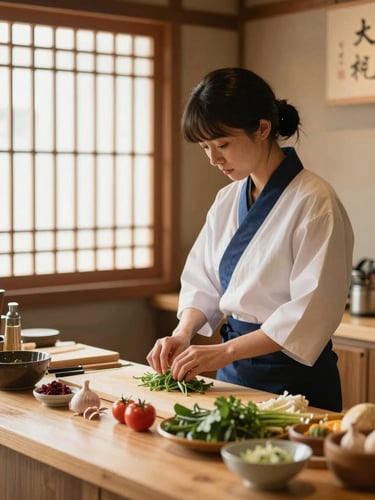 Warm cinematic shot of a female chef carefully preparing fresh ingredients in a clean modern Japanese-style market stall, soft morning light filtering through wooden slats, shallow depth of field