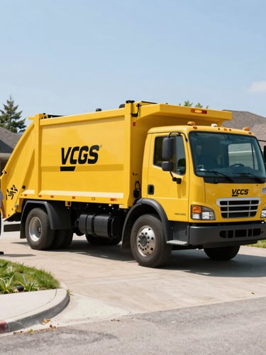 A clean, branded yellow junk removal truck parked on a tidy suburban Markham driveway under bright morning sunlight, professional crew members in neat uniforms standing beside it, highly detailed, 35mm lens.