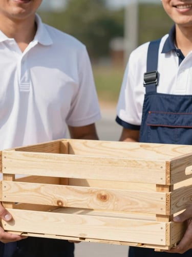 A close-up of two smiling, professional crew members in neat uniforms holding a clean wooden crate, bright outdoor daylight, sharp focus, 35mm lens.