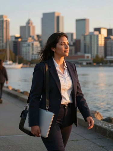 Medium shot of a Latin American professional woman in her early thirties walking along a Vancouver waterfront street at golden hour, laptop bag over one shoulder, city skyline visible in soft focus behind her, warm late-day light catching her profile, documentary street-photography framing