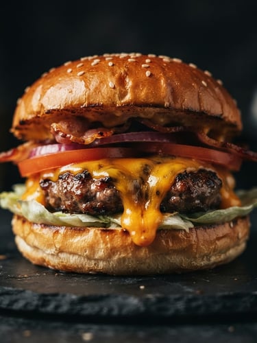 Macro shot of a towering cheeseburger on a dark charcoal surface, warm side lighting highlighting glistening melted cheddar cheese, toasted brioche bun, moody atmosphere.