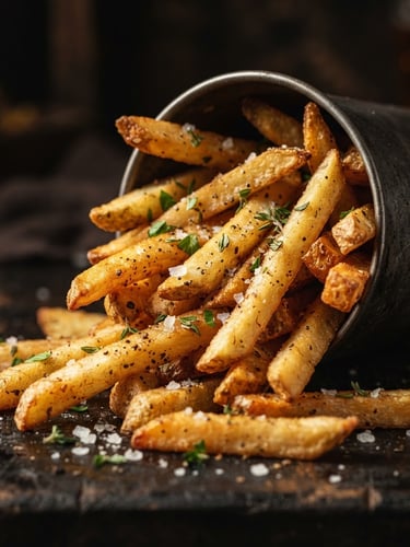 Dramatic macro photography of crispy golden seasoned french fries spilling out of a dark metal cup, dark moody background, warm side lighting highlighting salt crystals