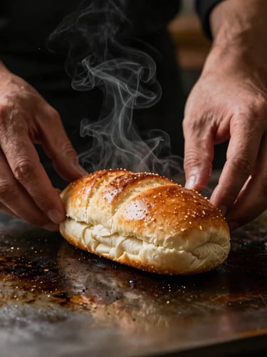 Macro dramatic food photography of a chef placing fresh brioche buns on a hot seasoned iron flat-top grill, smoke rising, warm side lighting, dark moody background