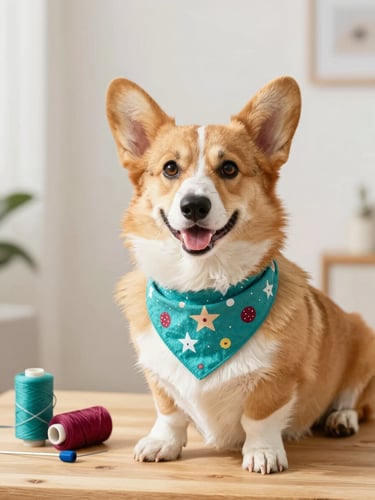 A bright, warm photo of a happy corgi wearing a colorful handmade bandana, sitting next to sewing tools on a wooden table, soft daylight