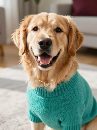 Close-up eye-level shot of a happy golden retriever wearing a bright teal knitted sweater, sitting on a light gray rug in a sunlit living room, warm natural daylight, shallow depth of field.