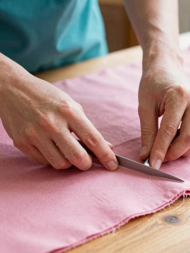 Close-up of artisan hands carefully measuring and cutting soft berry pink fabric on a wooden workshop table, warm natural light, shallow depth of field.