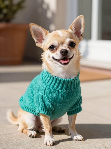 A happy small Chihuahua wearing a vibrant teal knitted sweater, sitting on a sunlit patio, warm natural light, shallow depth of field