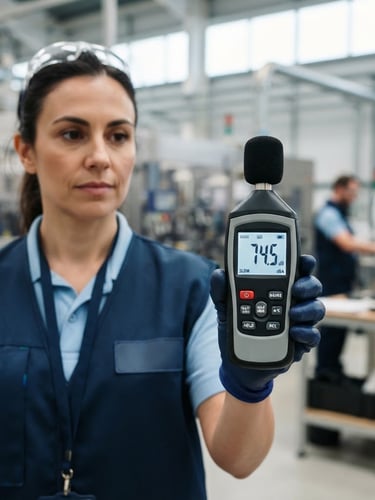 Close-up of a modern calibrated digital noise decibel meter held by a technician in clean blue branded PPE vest, bright neutral daylight, clean industrial background, 35mm
