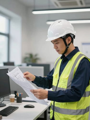 Safety inspector wearing clean branded white helmet and safety vest, checking technical blueprints in a modern organized workspace, bright natural lighting, sharp corporate photography, 35mm
