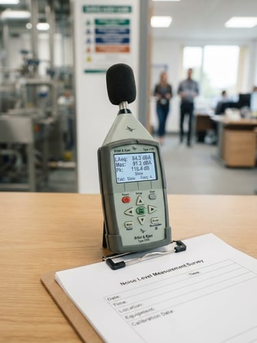 Close-up of calibrated occupational noise level meter on a clean clipboard, soft office lighting, professional safety engineering context, sharp corporate photography, 35mm