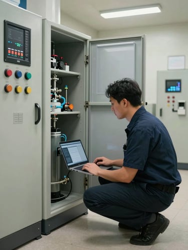 Technician crouching at an open panel door inside a water treatment control room, laptop connected for commissioning diagnostics, ambient fluorescent site lighting, active working posture, no face visible