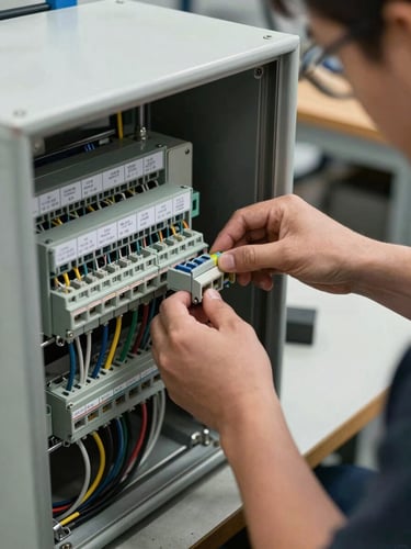 Technician hands assembling terminal blocks inside a steel control panel enclosure, north-facing daylight revealing cable colour coding and label detail, workshop bench visible in background