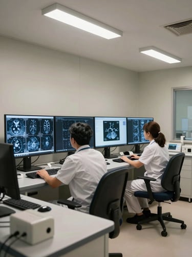 Environmental wide shot of a hospital radiology reading room at night, two radiologists seated at diagnostic workstations reviewing scan images on large monitors, clinical overhead fluorescent light, no faces visible, workstation peripherals in foreground