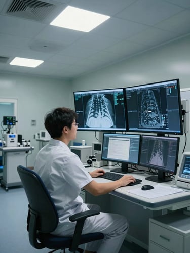 Wide clinical imaging suite interior, a radiologist seated at a diagnostic workstation reviewing scan data on large monitors, clinical fluorescent overhead lighting, medical equipment visible in background, cool professional atmosphere, framed from slightly above at a three-quarter angle