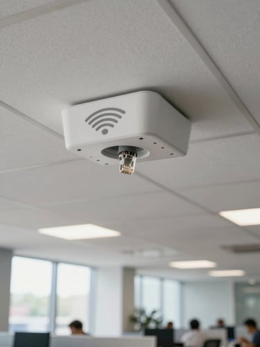 Wi-Fi access point mounted on a white suspended ceiling tile, Ethernet cable entering through a small conduit, wide environmental shot showing open office floor below, natural daylight from large windows
