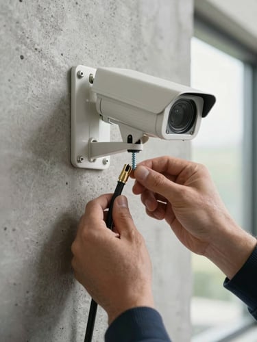Close-up of security camera mounting bracket being fastened to a concrete wall, installer's hands tightening screws, coaxial cable visible entering conduit, natural daylight from nearby window