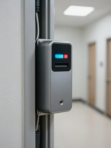 Access control card reader mounted flush on a door frame, wiring channel visible behind the unit, close-up showing LED indicator and card slot, clean interior corridor background, daylight from overhead