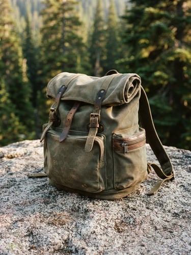 Close-up of a weathered green canvas backpack resting on a granite boulder, sharp morning sunlight, pine trees in soft focus background, rugged editorial photography.