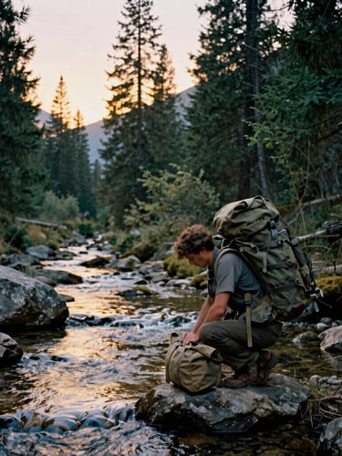 An adventurer packing a heavy canvas rucksack next to a mountain stream, golden-hour light reflecting off the water, deep forest pines, medium format film.