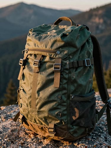 Close-up of a weathered, rugged green canvas backpack resting on a granite rock in the Idaho mountains, dramatic golden-hour sunlight, macro texture of technical fabrics