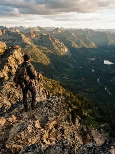 Cinematic wide-angle view of rugged Idaho mountain ridge at golden hour, a lone hiker with a weathered backpack looking over the edge, deep forest green valley below