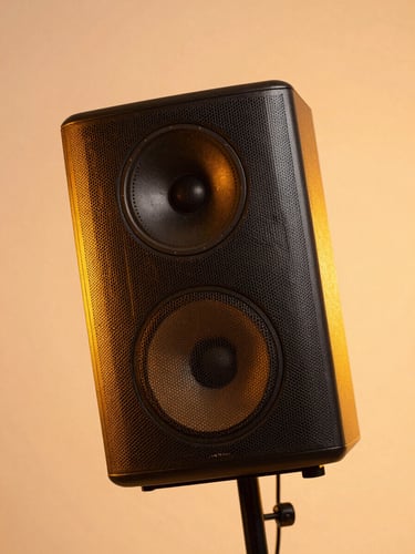 Close-up of a dynamic speaker in mid-motion under warm studio lighting with orange undertones, 35mm