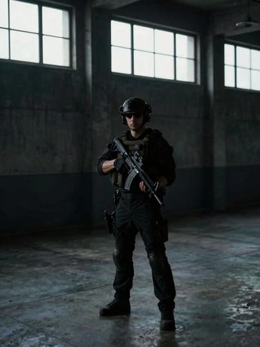Cinematic portrait shot of an empty tactical training facility, concrete walls, dark shadows, cool-toned overcast daylight filtering through high windows.