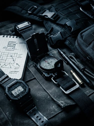 Low-key high-contrast macro shot of structured tactical planning equipment, desaturated cool tones, sharp focus, 35mm film