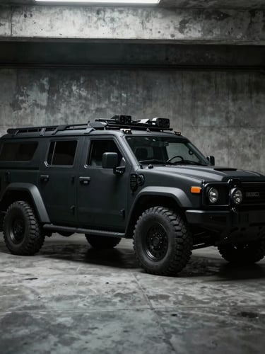 Cinematic desaturated photo of a low-profile black tactical security vehicle parked in a concrete hangar, dramatic low-key lighting, cool overcast tones, sharp focus, 35mm film.