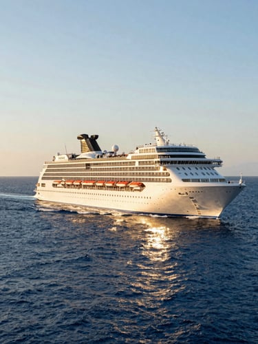 Wide shot of a sleek modern luxury cruise liner cutting through deep blue ocean waters during golden hour, sun reflecting off the water, clean negative space on the left, warm editorial travel photography, 35mm
