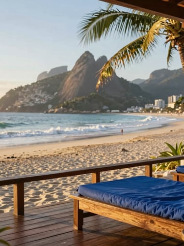 Warm editorial travel photography, golden-hour natural light, rich royal blue and gold undertones, an elegant wooden terrace overlooking a secluded tropical beach in Brazil, 35mm.