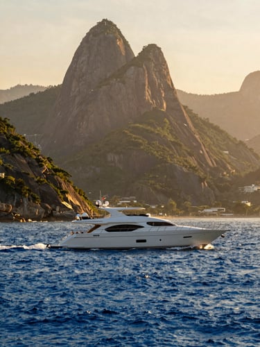 A warm golden-hour shot of a luxury yacht sailing near the dramatic cliffs of Rio de Janeiro, soft sunlight reflecting on the deep blue ocean, 35mm photography