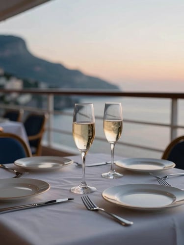 Close-up of a beautifully set dining table on a private cruise suite balcony, champagne glasses reflecting the sunset over the Amalfi Coast, soft focus, warm editorial travel photography, 35mm