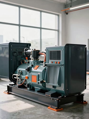 Industrial diesel generator installation inside a modern utility room, heavy copper wiring, clean concrete floor, technical precision, crisp daylight, 35mm