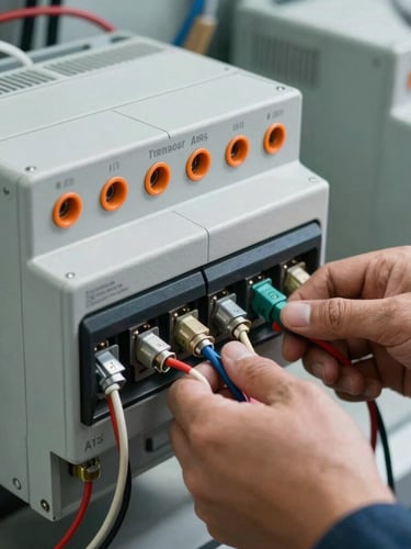 Tight, detailed technical close-up of an Automatic Transfer Switch (ATS) unit being wired by a technician, industrial setting, focused on the intricate connections, crisp natural daylight, cool metallic tones, 35mm