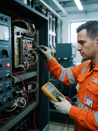 Close-up of a technician in high-visibility orange gear calibrating a complex generator control panel, crisp industrial lighting, cool metallic tones, sharp focus, 35mm