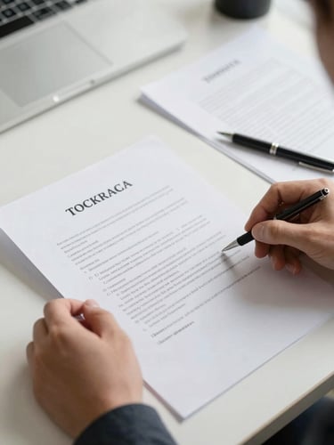 Close-up of two hands holding a printed contract on a clean office desk, natural daylight from the side, a pen resting nearby, papers slightly overlapping, neutral background suggesting a professional but accessible workspace