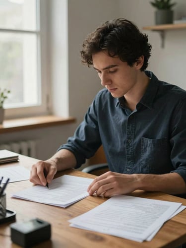 Medium shot of a small business owner seated at a wooden desk in a modest office, reviewing printed documents under soft natural daylight from a window to the left, hands resting on papers, face turned slightly downward in focused reading, warm but unposed atmosphere