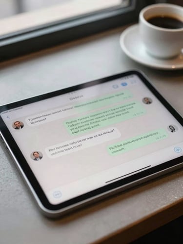 Overhead close-up of a tablet lying on a café counter showing an open chat interface with a short conversation — customer question visible, automated reply below it, daylight from a window above, coffee cup blurred in the background, clean and functional feel