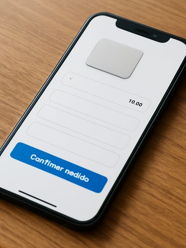 Close-up overhead view of a smartphone displaying an active product checkout page — item in cart, payment fields visible, 'Confirmar pedido' button prominent — resting on a wooden retail counter, natural overcast window light from the left, no shadows, clean and functional