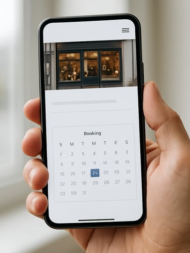 Close-up of a smartphone held in one hand displaying a local business website homepage with a booking calendar visible on screen, overcast daylight from a window behind, clean white background of the device interface clearly legible