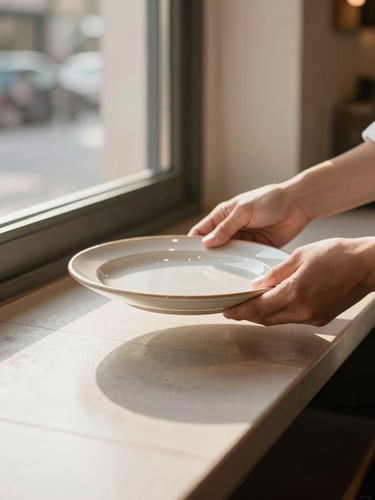 Close-up wide shot of a restaurant service counter under north-facing window light, hands placing a ceramic plate on the pass, warm daylight from the left, clean tiled surface visible in the foreground, no staff faces shown