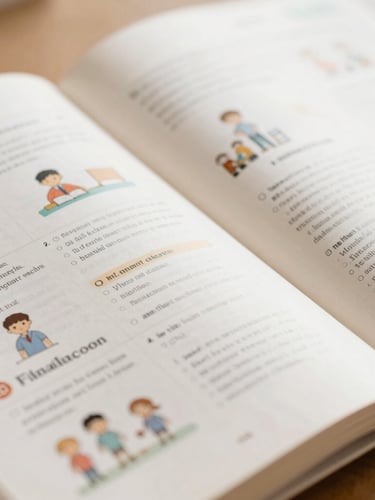 Macro shot of an open school textbook showing clean, structured layout with illustrations, warm editorial photography, soft academic tones, shallow depth of field