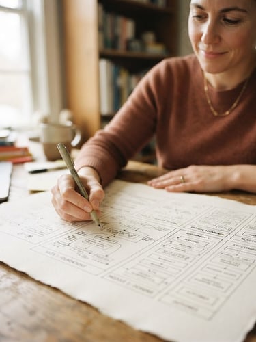 Warm editorial photography of a curriculum designer sketching a structured syllabus blueprint on heavy paper, soft natural daylight, shallow depth of field, 35mm