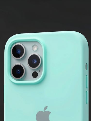 Sleek close-up of a minimalist bio-plastic phone case with a soft neon cyan back-glow, clean dark background, studio lighting, macro lens